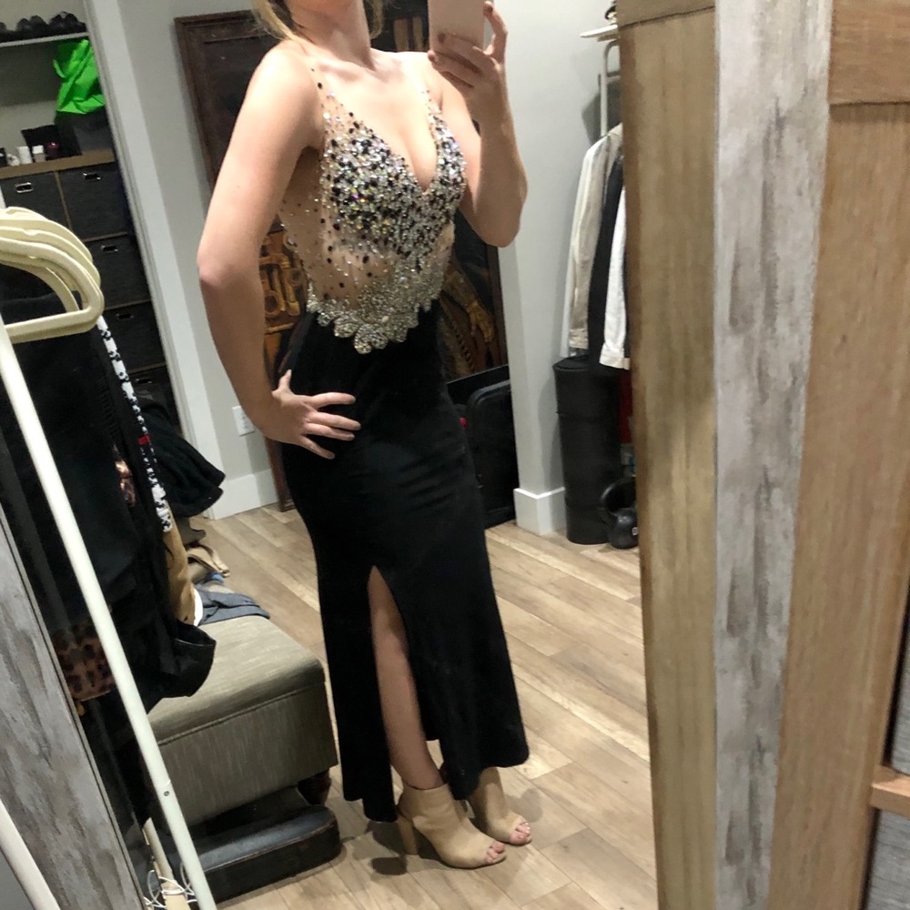JVN Jovani Sheer Silver Rhinestone Slit Prom Dress